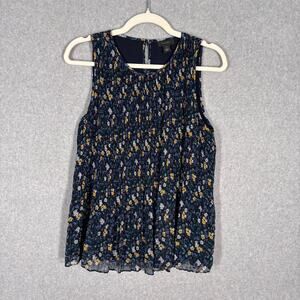 Halogen Top XS Navy Floral‎ Flowy Crinkle Blouse Feminine Cottage Boho Resort